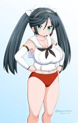 Rule 34 | 1girl, aqua background, black hair, breasts, buruma, cleavage, commentary request, dated, detached sleeves, gradient background, green eyes, grey hairband, hairband, hands on own hips, isuzu (kancolle), isuzu kai ni (kancolle), kantai collection, large breasts, long hair, masara (chuujou), navel, one-hour drawing challenge, red buruma, sailor collar, sailor shirt, shirt, sleeveless, sleeveless shirt, solo, twitter username, white sailor collar, white shirt