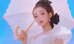 Rule 34 | 1girl, black hair, day, dress, earrings, eyeshadow, highres, holding, holding umbrella, irene (red velvet), jewelry, k-pop, lipstick, long hair, looking at viewer, makeup, outdoors, parted lips, real life, red velvet (group), sky, solo, umbrella, upper body, white dress, zero q 0q
