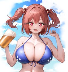 Rule 34 | 1girl, absurdres, beer mug, bikini, blue bikini, blue sky, blush, breasts, cleavage, cloud, cloudy sky, collarbone, commentary request, cup, day, front-tie bikini top, front-tie top, hair bobbles, hair ornament, halterneck, hands up, highres, holding, holding cup, large breasts, looking at viewer, mug, navel, onozuka komachi, open mouth, red eyes, red hair, sky, slit pupils, smile, solo, sugar you, swimsuit, touhou, two side up, upper body