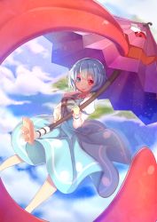 Rule 34 | 1girl, blue eyes, blue hair, blue skirt, blue vest, closed mouth, cloud, cross-laced clothes, heterochromia, highres, holding, holding umbrella, island, juliet sleeves, karakasa obake, long sleeves, looking at viewer, outdoors, puffy sleeves, purple umbrella, red eyes, short hair, skirt, smile, solo, tatara kogasa, tongue, tongue out, touhou, umbrella, vest, zeolch