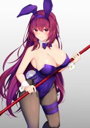 Rule 34 | 1girl, absurdres, animal ears, bare shoulders, blush, bow, bowtie, breasts, cleavage, detached collar, fake animal ears, fate/grand order, fate (series), fishnet pantyhose, fishnets, gae bolg (fate), hairband, highleg, highleg leotard, highres, holding, holding weapon, large breasts, leotard, long hair, looking at viewer, namaponpon 00, official alternate costume, pantyhose, playboy bunny, polearm, purple hair, purple hairband, purple leotard, rabbit ears, red eyes, scathach (fate), scathach (piercing bunny) (fate), simple background, smile, solo, spear, strapless, strapless leotard, weapon, wrist cuffs