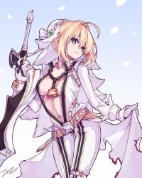 Rule 34 | 1girl, aestus estus, ahoge, belt, blonde hair, breasts, bridal veil, center opening, chain, closed mouth, commentary request, dated, fate/extra, fate/extra ccc, fate (series), full-length zipper, gloves, hair between eyes, highres, holding, holding sword, holding weapon, lips, lock, looking at viewer, medium breasts, navel, nero claudius (bride) (fate), nero claudius (fate), padlock, scarlet zel, short hair, signature, smile, solo, standing, sword, veil, weapon, white gloves, zipper
