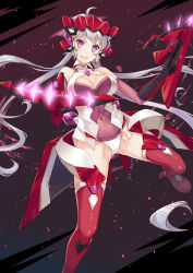 Rule 34 | 10s, 1girl, :d, ahoge, aiming, aiming at viewer, bare shoulders, blush, bow (weapon), breasts, breasts apart, cleavage, cleavage cutout, clothing cutout, covered navel, crossbow, dance of eternity, dual wielding, elbow gloves, female focus, gloves, glowing, grin, headgear, highres, holding, holding crossbow, holding weapon, large breasts, leotard, long hair, looking at viewer, low twintails, naughty face, open mouth, purple eyes, red thighhighs, revealing clothes, senki zesshou symphogear, shiny clothes, shiny skin, silver hair, smile, solo, teeth, thighhighs, twintails, very long hair, weapon, yukine chris