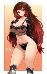 Rule 34 | 1girl, :o, black bra, black panties, blunt bangs, blush, border, bra, brown hair, gradient hair, groin, hand on own chest, highres, hololive, long hair, mechanical arms, mechanical legs, multicolored hair, navel, no pants, notte, panties, parted lips, red hair, roboco-san, robot girl, solo, stomach, strapless, thighs, two-sided gloves, underwear, virtual youtuber, wavy hair, white border, yellow eyes