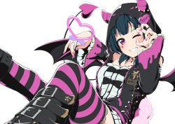 Rule 34 | 1girl, artist name, artist request, bare shoulders, belt boots, black bow, black choker, black footwear, black vest, blue hair, blush, boots, bow, candy, checkered clothes, checkered skirt, choker, dark blue hair, demon girl, demon horns, demon tail, demon wings, detached sleeves, earrings, facial mark, feet out of frame, female focus, food, frilled sleeves, frills, garter straps, grin, hair bun, heart, highres, holding, holding candy, holding food, holding lollipop, hood, hood up, hooded vest, hoodie, horns, horns through headwear, jewelry, lace, lace-trimmed legwear, lace trim, lollipop, long hair, long sleeves, looking at viewer, love live!, love live! school idol festival, love live! school idol festival all stars, love live! school idol project, love live! sunshine!!, miniskirt, nail polish, one eye closed, open clothes, open vest, petals, pink nails, plaid, plaid skirt, pleated skirt, prbili, purple eyes, purple thighhighs, short hair, single hair bun, skirt, smile, solo, striped clothes, striped thighhighs, tail, thighhighs, tsushima yoshiko, vest, white background, white skirt, wings, zettai ryouiki