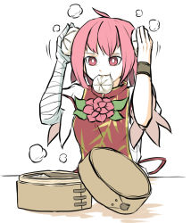 Rule 34 | 1girl, ahoge, arms up, bandaged arm, bandages, baozi, chinese clothes, cuffs, double bun, flower, food, food in mouth, hair between eyes, hair bun, highres, ibaraki kasen, peroponesosu., pink eyes, pink hair, rose, short hair, short sleeves, simple background, solo, steam, tabard, touhou, vine print, white background, white sleeves