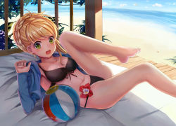 Rule 34 | 10s, 1girl, :o, aldnoah.zero, asseylum vers allusia, ball, barefoot, beach, beachball, bed sheet, bikini, black bikini, blue shirt, blush, bow, bow bikini, braid, breasts, cleavage, crown braid, day, flower, from side, green eyes, hibiscus, highres, l.bou, legs up, long sleeves, looking at viewer, lying, medium breasts, navel, ocean, on back, open clothes, open mouth, open shirt, outdoors, sand, shade, shirt, sky, solo, sunlight, swimsuit, water
