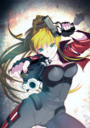 Rule 34 | 1girl, absurdres, black gloves, black shirt, blonde hair, breasts, cal devens, cardigan, cleavage, cowboy shot, dual wielding, fingerless gloves, gloves, green eyes, gun, hair ornament, high ponytail, highres, holding, holding gun, holding weapon, huge filesize, large breasts, looking at viewer, open cardigan, open clothes, phantom of inferno, red sweater, shirt, smile, solo, sweater, unzipped, weapon