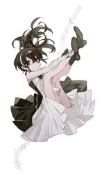 Rule 34 | 1girl, absurdres, black dress, black eyes, black footwear, black hair, blush, boots, chuckdaidai, closed mouth, dress, falling, frilled dress, frills, gloves, hair ornament, hand on own leg, highres, looking at viewer, multicolored hair, musical note, original, sheet music, side ponytail, simple background, solo, streaked hair, thighs, white background, white dress, white gloves