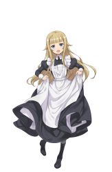 Rule 34 | 1girl, :d, apron, black footwear, blonde hair, blue eyes, full body, highres, long hair, looking at viewer, maid apron, official art, open mouth, princess (princess principal), princess principal, princess principal game of mission, puffy sleeves, shoes, skirt hold, smile, solo, standing, transparent background, white legwear