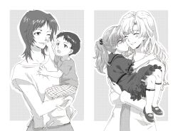 Rule 34 | 1boy, 3girls, age difference, aged down, bare legs, blush, breasts, carrying, child, dress, hair bobbles, hair ornament, highres, hug, ikari shinji, ikari yui, kiss, long hair, looking at another, medium breasts, monochrome, mother and daughter, multiple girls, neon genesis evangelion, open mouth, short hair, shorts, simple background, soryu kyouko zeppelin, souryuu asuka langley, sundress, unihotate0329