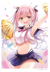 Rule 34 | 1girl, :d, absurdres, arm up, armpits, bare arms, bare shoulders, blue skirt, breasts, cheerleader, cowboy shot, crop top, crop top overhang, green eyes, hair ribbon, hand up, highleg, highres, holding, holding pom poms, large breasts, long hair, looking at viewer, midriff, miniskirt, navel, open mouth, original, pink hair, pleated skirt, pom pom (cheerleading), ribbon, sailor collar, sakura hiyori, scan, shirt, sidelocks, skirt, sleeveless, sleeveless shirt, smile, solo, stomach, sweat, thighs, twintails, white shirt