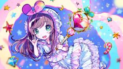 Rule 34 | 1girl, :d, \m/, blush, bow, brown hair, candy, candy cane, commentary, crescent, diamond (shape), dress, english commentary, food, frilled dress, frills, green eyes, hair bow, hairband, hands up, highres, holding, holding wand, kiato, kizuna ai, kizuna ai inc., long hair, looking at viewer, multicolored hair, open mouth, pink bow, pink hair, pink hairband, short sleeves, smile, solo, star (symbol), streaked hair, virtual youtuber, wand, white dress