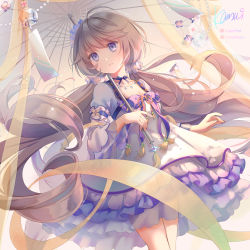 Rule 34 | 1girl, artist name, bell, blue ribbon, breasts, collarbone, commentary request, dress, flower, hair between eyes, hair flower, hair ornament, highres, holding, holding umbrella, houchi shoujo, kamui (kamuikaoru), layered dress, light brown hair, long hair, long sleeves, looking at viewer, low twintails, neck ribbon, purple eyes, ribbon, small breasts, solo, twintails, umbrella, very long hair, white dress