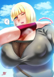 Rule 34 | 1girl, arm on another&#039;s shoulder, blonde hair, blue eyes, breasts, highres, large breasts, naruto, naruto (series), one eye closed, samui (naruto), tagme