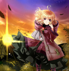 Rule 34 | 1girl, bag, bandages, blonde hair, dress, feathers, female focus, highres, kanna (plum), leaf, nature, open mouth, outdoors, pink eyes, pixiv fantasia, pixiv fantasia 5, plant, short hair, sky, solo, standing, star (sky), sun, sunset, wind