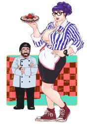 Rule 34 | 1boy, 1girl, absurdres, apron, breasts, chef, chef hat, facial hair, food, glasses, hand on own hip, hat, highres, large breasts, lipstick, makeup, pie, purple eyes, purple hair, shoes, skirt, sneakers, unbuttoned, unbuttoned shirt, vigwer, waitress, watch, wristwatch