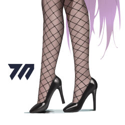 Rule 34 | 1girl, black footwear, blue archive, chinese commentary, close-up, commentary, feathered wings, fishnets, footwear focus, from side, heel up, high heels, highres, karin (blue archive), karin (bunny) (blue archive), legs, long hair, making-of available, purple hair, shadow, shoes, simple background, solo, very long hair, white background, wings