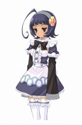 Rule 34 | 1girl, ahoge, apron, black hair, blue skirt, bow, bowtie, brown eyes, expressionless, flower, frills, hairband, highres, ito noizi, jitome, kamisama to unmei (series), kamisama to unmei kakumei no paradox, official art, short hair, skirt, sleeves past wrists, solo, standing, tan, thighhighs, toujou neliel, white background, white thighhighs, zettai ryouiki