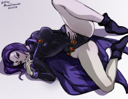 Rule 34 | ass, breasts, dc comics, gluteal fold, hand on mouth, leotard, lying, mina cream, pale skin, presenting, purple eyes, purple hair, raven (dc), short hair, teen titans, thick thighs, thighs
