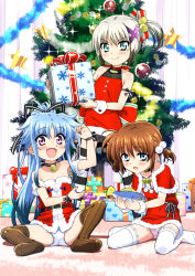 Rule 34 | 3girls, :d, absurdres, alternate hairstyle, aqua eyes, arm ribbon, armband, back bow, bare shoulders, bell, black choker, black hair, black legwear, black ribbon, blue eyes, blue hair, blue panties, blush, bow, brown hair, capelet, choker, christmas, christmas ornaments, christmas tree, closed mouth, commentary request, crotch seam, dress, fang, fish, fur-trimmed capelet, fur-trimmed dress, fur trim, garland (decoration), gift, hair bell, hair bobbles, hair ornament, hair ribbon, hair up, halter dress, halterneck, heart, heart print, highres, holding, holding gift, indoors, jewelry, large bow, leaning forward, levi the slasher, long hair, looking at viewer, lord dearche, low twintails, lyrical nanoha, mahou shoujo lyrical nanoha innocent, miyajima hitoshi, multicolored hair, multiple girls, neck bell, necklace, on floor, open mouth, panties, pantyshot, pink panties, ponytail, purple eyes, red bow, red capelet, red dress, ribbon, santa dress, short dress, short hair, sidelocks, silver hair, sitting, smile, snowflake print, sparkle, spread legs, standing, star ornament, stern the destructor, strapless, strapless dress, striped clothes, striped legwear, striped thighhighs, thighhighs, twintails, two-tone hair, underwear, unworn jewelry, unworn necklace, vertical-striped clothes, vertical-striped thighhighs, wariza, white legwear, wrist cuffs, x hair ornament