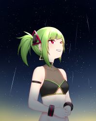 Rule 34 | 1girl, absurdres, arm strap, artpatient, bare shoulders, black shirt, bracelet, breasts, clothing cutout, crop top, delruki, delutaya, green hair, grin, hair ornament, highres, jewelry, long hair, looking away, looking up, meteor shower, midriff, ponytail, red eyes, revealing clothes, shirt, sidelocks, sky, sleeveless, sleeveless shirt, small breasts, smile, solo, star (sky), starry sky, stomach, underboob cutout, upper body, virtual youtuber