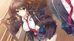 Rule 34 | 1girl, adjusting hair, aikawa arisa (kiss ato), bag, black hair, blue eyes, breasts, buttons, carrying, chain, closed mouth, diagonal-striped neckwear, from above, game cg, hand up, happy, jacket, kiss ato, large breasts, legs, long hair, looking at viewer, mikoto akemi, necktie, outdoors, over shoulder, road, school bag, school uniform, skirt, smile, solo focus, standing, street, striped neckwear, thighhighs, thighs, tree, unbuttoned, walking, white thighhighs