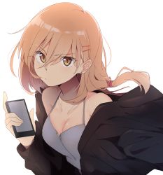 Rule 34 | 1girl, absurdres, bare shoulders, black jacket, breasts, brown eyes, camisole, cellphone, cleavage, closed mouth, collarbone, company connection, hair between eyes, hair ornament, hair tie, hairclip, highres, holding, holding phone, jacket, kazenoko, long hair, looking at viewer, low-tied long hair, low ponytail, medium breasts, off shoulder, open clothes, open jacket, orange hair, original, phone, serious, simple background, smartphone, solo, spaghetti strap, upper body, v-shaped eyebrows, white background