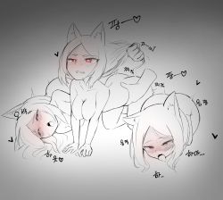 Rule 34 | 1other, 3girls, absurdres, all fours, animal ears, ass, blush, breasts, breasts squeezed together, cat ears, cerberus (helltaker), clenched teeth, crying, crying with eyes open, doggystyle, grabbing another&#039;s hair, gradient background, grey background, heart, heart-shaped pupils, helltaker, hetero, highres, korean text, long hair, lying, male hand, medium breasts, monochrome, multiple girls, nude, red eyes, sex, sex from behind, spot color, symbol-shaped pupils, tears, teeth, translation request