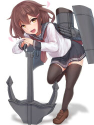 Rule 34 | 1girl, anchor, anchor symbol, black sailor collar, black skirt, black thighhighs, blush, brown eyes, brown footwear, brown hair, em s, fang, hair between eyes, heart, highres, ikazuchi (kancolle), kantai collection, long sleeves, looking at viewer, neckerchief, open mouth, pleated skirt, red neckerchief, sailor collar, school uniform, serafuku, shoes, short hair, simple background, skirt, smile, solo, standing, standing on one leg, thighhighs, white background