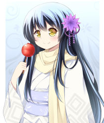 Rule 34 | 1girl, blue hair, blush, candy apple, closed mouth, commentary, english commentary, flower, food, grey kimono, hair ornament, hand up, highres, holding, ikazu401, japanese clothes, kimono, long hair, long sleeves, looking at viewer, nurarihyon no mago, obi, oikawa tsurara, purple flower, sash, smile, solo, unmoving pattern, upper body, yellow eyes