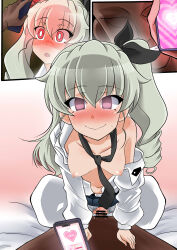 Rule 34 | 1boy, 1girl, :&gt;, :o, absurdres, anchovy (girls und panzer), anzio school uniform, arm support, artist request, ass, bed, breasts, clothed sex, cowgirl position, faceless, faceless male, girl on top, girls und panzer, glowing, glowing eyes, happy sex, heart, hetero, highres, holding, holding phone, hypnosis, lips, long hair, looking at another, looking at viewer, medium breasts, mind control, no bra, on bed, open clothes, open shirt, penis, phone, plaid, plaid skirt, pussy, red eyes, school uniform, sitting, sitting on person, skirt, small breasts, smile, straddling, surprised, sweat, sweatdrop, symbol-shaped pupils, twintails, undressing, very long hair