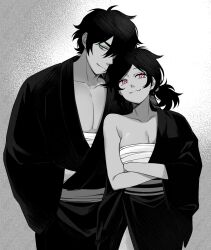 Rule 34 | 1boy, 1girl, andrew graves (the coffin of andy and leyley), ashley graves, black hair, black kimono, breasts, brother and sister, cleavage, crossed arms, green eyes, highres, japanese clothes, kimono, large breasts, pectoral cleavage, pectorals, pink eyes, ponytail, renico, ronin, sarashi, siblings, smug, the coffin of andy and leyley