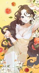 Rule 34 | 1girl, absurdres, afloat, arm up, armpits, bad id, bad pixiv id, bathing, blue eyes, blush, breasts, brown hair, collarbone, commentary, dress, english commentary, closed eyes, flower, food, from above, fruit, grapefruit, grapefruit slice, highres, large breasts, leaf, long hair, looking at viewer, one eye closed, original, parted lips, partially submerged, signature, sleeveless, sleeveless dress, solo, water, white dress, white flower, zetto (zet)