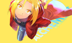 Rule 34 | 1boy, artist name, bad id, bad pixiv id, black shirt, blonde hair, braid, coat, edward elric, emmmerald, fullmetal alchemist, highres, long hair, looking at viewer, looking up, male focus, multicolored clothes, pants, red coat, shirt, smile, solo, solo focus, text focus, twitter username, yellow background, yellow eyes