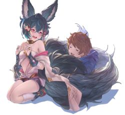 Rule 34 | 1boy, 1girl, animal ears, backless outfit, bare shoulders, betabeet, erune, fox ears, fox girl, fox tail, gran (granblue fantasy), granblue fantasy, highres, hugging another&#039;s tail, japanese clothes, large tail, multiple tails, nail polish, open mouth, red eyes, seiza, short hair, sideless outfit, simple background, sitting, tail, hugging tail, thighs, white background, you (granblue fantasy)