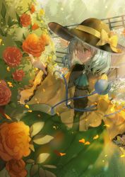 Rule 34 | 1girl, ascot, bad id, bad pixiv id, black hat, blouse, blue ascot, blush, bow, brooch, bush, closed mouth, cowboy shot, floral print, flower, frilled sleeves, frills, green eyes, green hair, green skirt, hair between eyes, hand up, hat, hat bow, highres, house, jewelry, komeiji koishi, long sleeves, looking at flowers, looking to the side, md5 mismatch, medium hair, outdoors, petals, piyo (sqn2idm751), railing, red flower, red rose, resolution mismatch, revision, rose, rose petals, rose print, shirt, skirt, smile, solo, source smaller, third eye, touhou, wide sleeves, yellow bow, yellow shirt