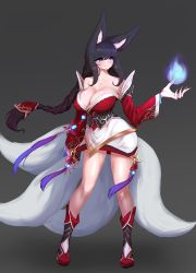 Rule 34 | 1girl, absurdres, ahri (league of legends), animal ear fluff, animal ears, blue eyes, breasts, cleavage, collarbone, commentary, commentary request, facial mark, fox ears, fox tail, highres, korean clothes, kyuubi, large breasts, league of legends, long hair, looking away, multiple tails, off shoulder, simple background, solo, tail, whisker markings, yabby