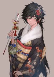 Rule 34 | 1girl, arrow (projectile), black hair, breasts, closed mouth, floral print, flower, fur-trimmed kimono, fur collar, fur trim, fushiguro megumi, genderswap, genderswap (mtf), green eyes, hair between eyes, hair flower, hair ornament, highres, holding, holding arrow, japanese clothes, jujutsu kaisen, kimono, long hair, looking at viewer, looking to the side, obi, obijime, print kimono, rabbit hair ornament, sash, shinoda giri, simple background, solo, twitter username, very long hair, wide sleeves