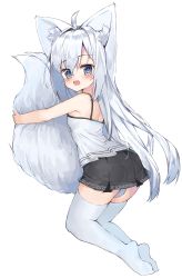 Rule 34 | 1girl, absurdres, ahoge, animal ear fluff, animal ears, bare arms, bare shoulders, between legs, black skirt, blue eyes, blush, camisole, commentary request, fox ears, fox girl, fox tail, hair between eyes, highres, hugging own tail, hugging tail, kneeling, long hair, looking at viewer, looking to the side, no shoes, open mouth, original, pleated skirt, silver hair, simple background, skindentation, skirt, soles, solo, tail, tail between legs, tandohark, thighhighs, very long hair, white background, white camisole, white thighhighs