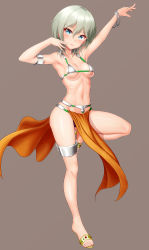 Rule 34 | 1girl, absurdres, anastasia (idolmaster), armlet, armpits, arms up, bangle, bare arms, bare legs, bare shoulders, belt, bikini, bikini top only, blue eyes, bracelet, breasts, brown background, closed mouth, collarbone, commentary request, cosplay, dancer, dancer&#039;s costume (dq), dragon quest, full body, grey bikini, hair between eyes, highres, idolmaster, idolmaster cinderella girls, jewelry, leg up, lips, loincloth, medium breasts, micro bikini, micro bikini top, navel, outstretched arm, pelvic curtain, sandals, short hair, silver hair, simple background, smile, solo, standing, standing on one leg, stomach, swimsuit, taka (takahirokun), thigh strap, underboob, yellow footwear