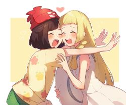 Rule 34 | 2girls, ^ ^, beanie, black hair, blonde hair, blouse, blush, braid, closed eyes, creatures (company), dress, eyebrows hidden by hair, game freak, green shorts, hat, heart, holding, holding clothes, holding hat, lillie (pokemon), long hair, multiple girls, nintendo, open mouth, outstretched arms, pokemon, pokemon sm, print shirt, red hat, selene (pokemon), shirt, short hair, short sleeves, shorts, simple background, sleeveless, sleeveless dress, sleeveless shirt, sun hat, swept bangs, twin braids, unapoppo, unworn hat, unworn headwear, white dress, white hat, yellow shirt, yuri
