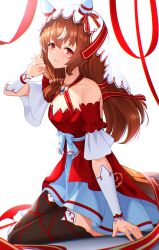 Rule 34 | 1girl, absurdres, animal ears, blush, breasts, brown hair, chest jewel, collarbone, commentary request, detached sleeves, hair between eyes, hair ornament, highres, horse ears, horse girl, horse tail, looking at viewer, open mouth, red eyes, ribbon, small breasts, solo, still in love (umamusume), sunny (20597521), tail, thighhighs, umamusume, veil
