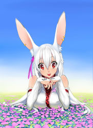 Rule 34 | 1girl, :p, absurdres, animal ears, bridal gauntlets, rabbit ears, highres, hk33, lying, on stomach, red eyes, solo, tongue, tongue out, white hair