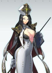 Rule 34 | 1girl, armor, black hair, blue eyes, book, breasts, capelet, cross, cross necklace, gloves, gradient background, hat, hong soon-jae, jewelry, long hair, looking at viewer, necklace, original, pauldrons, shoulder armor, skin tight, smile, solo, staff, standing