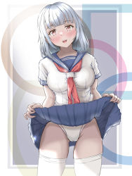 Rule 34 | 1girl, blue sailor collar, blue skirt, blunt bangs, breasts, brown eyes, cameltoe, clothes lift, commentary request, competition swimsuit, cowboy shot, dress, highres, lifted by self, looking at viewer, mashinatsu, medium breasts, neckerchief, one-piece swimsuit, original, pleated dress, red neckerchief, sailor collar, school uniform, serafuku, short hair, silver hair, skirt, skirt lift, solo, swimsuit, swimsuit under clothes, thighhighs, white thighhighs