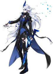 Rule 34 | 1boy, black coat, black footwear, black pants, black sclera, blue eyes, blue shirt, chain, ciel (elsword), coat, colored sclera, demonio (elsword), elsword, full body, gun, highres, holding, holding gun, holding weapon, horns, hwansang, long hair, looking at viewer, male focus, official art, pants, pointy ears, shirt, shoes, single horn, solo, standing, transparent background, weapon, white hair