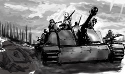 Rule 34 | 1girl, 5boys, armored vehicle, bolt action, caterpillar tracks, drawfag, elma leivonen, finnish army, greyscale, gun, highres, karabiner 98k, mauser 98, military, military uniform, military vehicle, monochrome, mosin-nagant, motor vehicle, multiple boys, non-web source, rifle, soldier, strike witches, strike witches: suomus misfits squadron, stug iii, tank, uniform, vehicle, weapon, world witches series