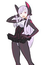 Rule 34 | 1girl, bodysuit, bodysuit under clothes, breasts, dress, electro alice, hand on own hip, headgear, ken (koala), long hair, looking at viewer, medium breasts, open mouth, original, purple eyes, short dress, simple background, skin tight, solo, white background, white hair