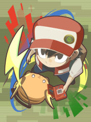 Rule 34 | 1boy, :3, backpack, bag, baseball cap, black eyes, black footwear, black hair, blue pants, cafe (chuu no ouchi), closed mouth, creatures (company), from above, game freak, gen 1 pokemon, hair between eyes, hat, holding, legs apart, male focus, nintendo, no pupils, open clothes, open vest, pants, pokedex, pokemon, pokemon (creature), pokemon rgby, raichu, red (pokemon), red hat, red vest, shirt, shoes, short hair, short sleeves, standing, vest